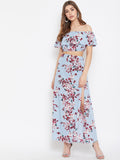 Berrylush Blue & Maroon Floral Printed Two Piece Dress
