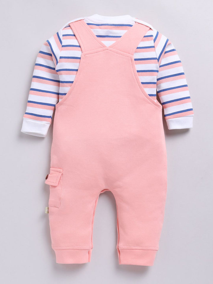 Moms Love Infants Boys Pure Cotton Applique Detail Dungaree With Striped T-Shirt