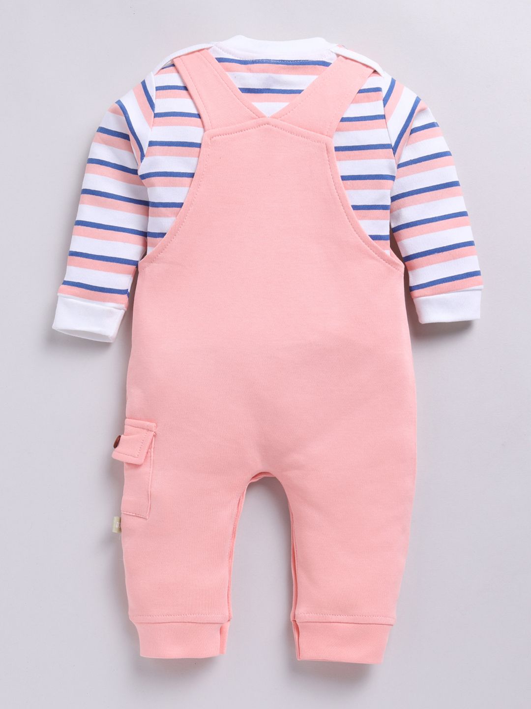 Moms Love Infants Boys Pure Cotton Applique Detail Dungaree With Striped T-Shirt