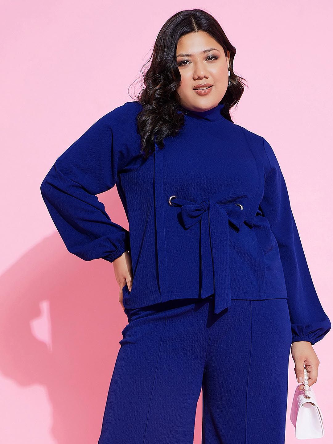 SASSAFRAS Curve Blue High Long Sleeves Neck Knot Top With Trousers