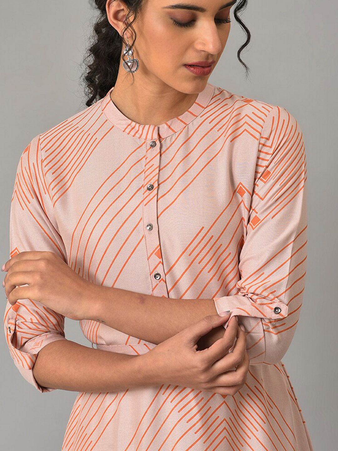 W Mandarin Collar Striped A-Line Midi Dress