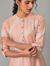 W Mandarin Collar Striped A-Line Midi Dress