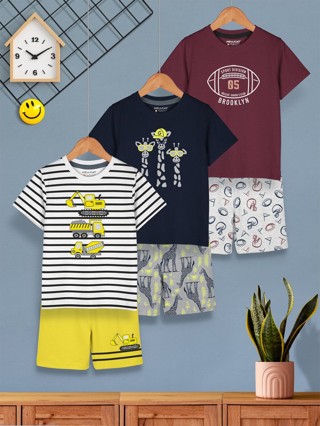 HELLCAT Boys Pack Of 3 Printed T-shirt with Shorts