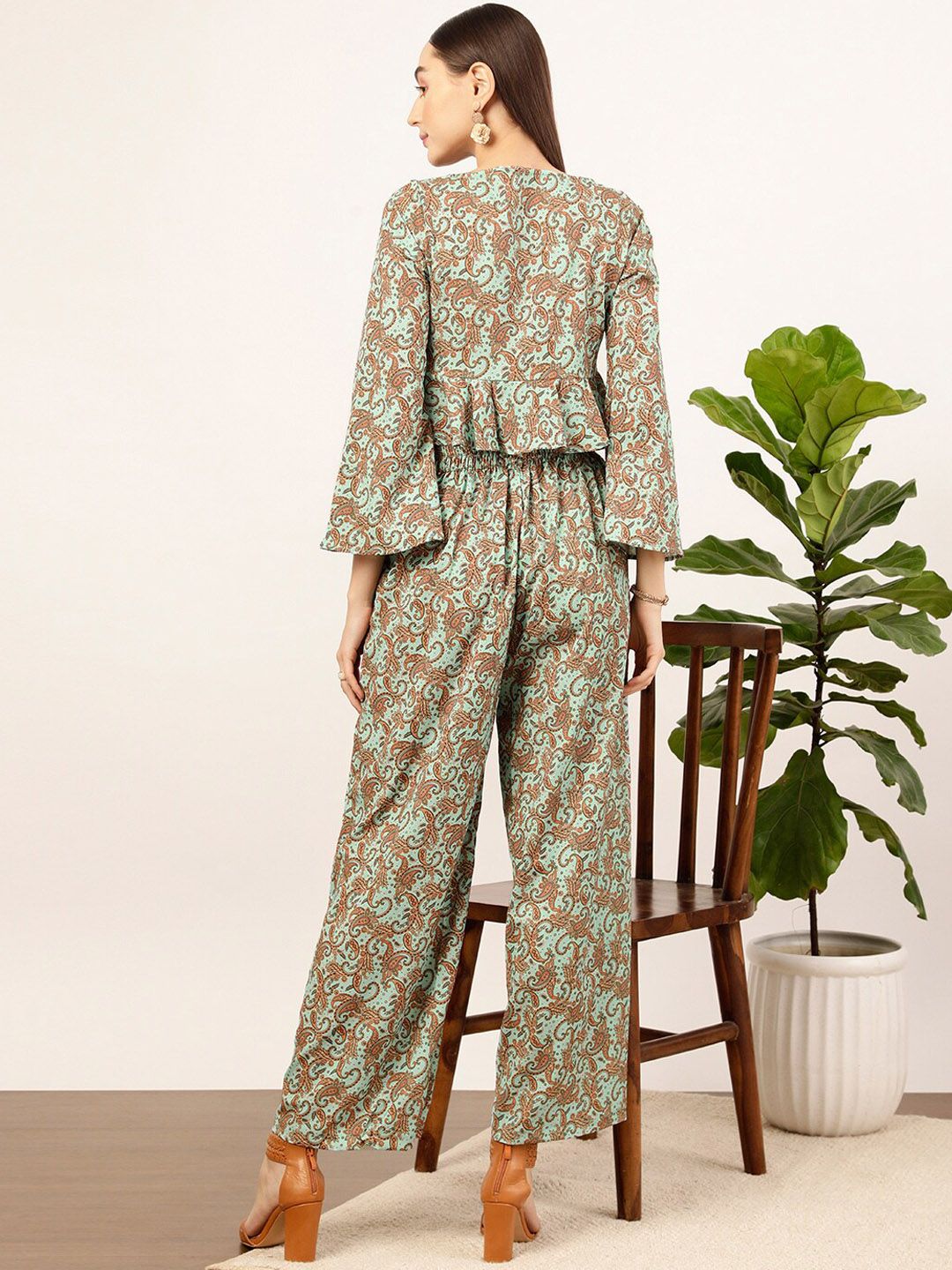 STREET 9 Green Floral Printed V-Neck Top & Palazzos