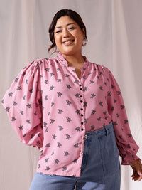 CURVY STREET Plus Size Comfort Floral Printed Mandarin Collar Casual Shirt