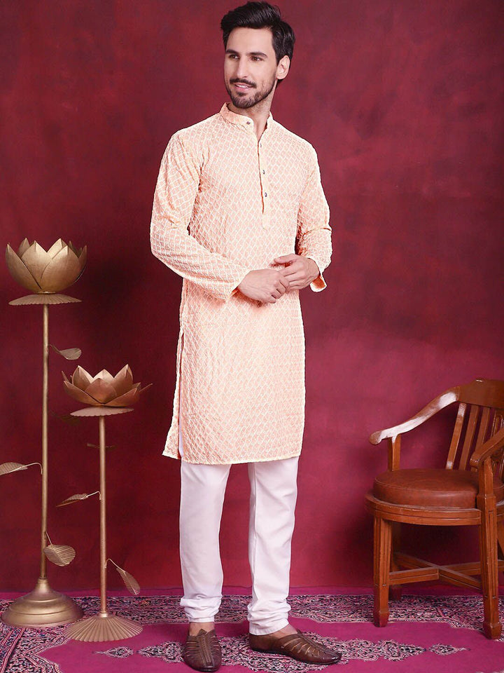 Jompers Geometric Embroidered Chikankari Band Collar Long Sleeve Collar Cotton Kurta