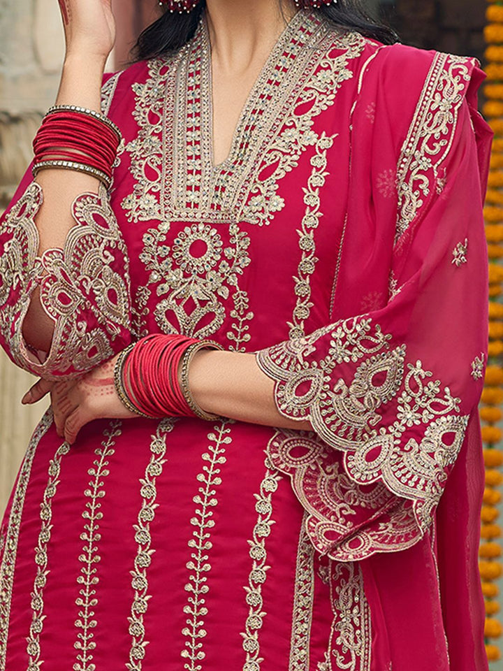 Indo Era Ethnic Motifs  Embroidered V-Neck Zari Organza Kurta With Trousers And Dupatta