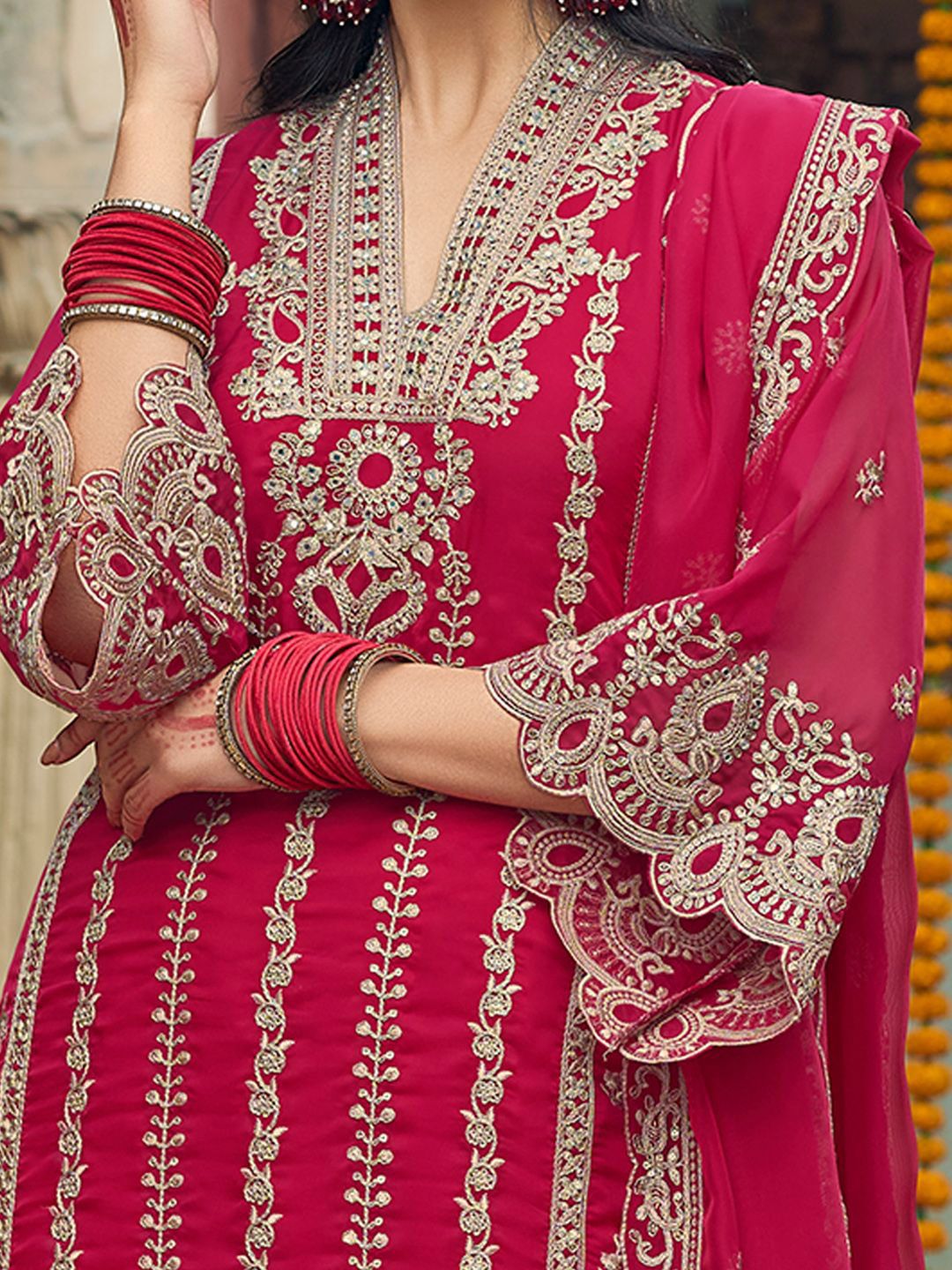 Indo Era Ethnic Motifs  Embroidered V-Neck Zari Organza Kurta With Trousers And Dupatta