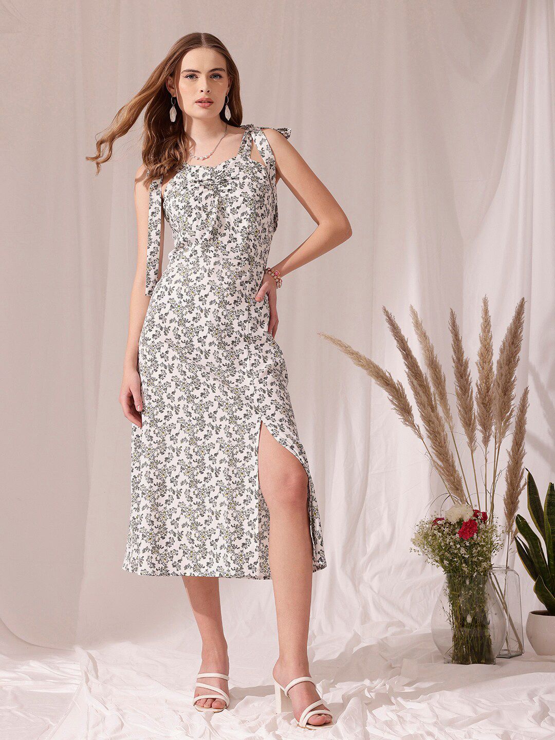 STREET 9 Shoulder Straps Floral Print Crepe Midi Dress