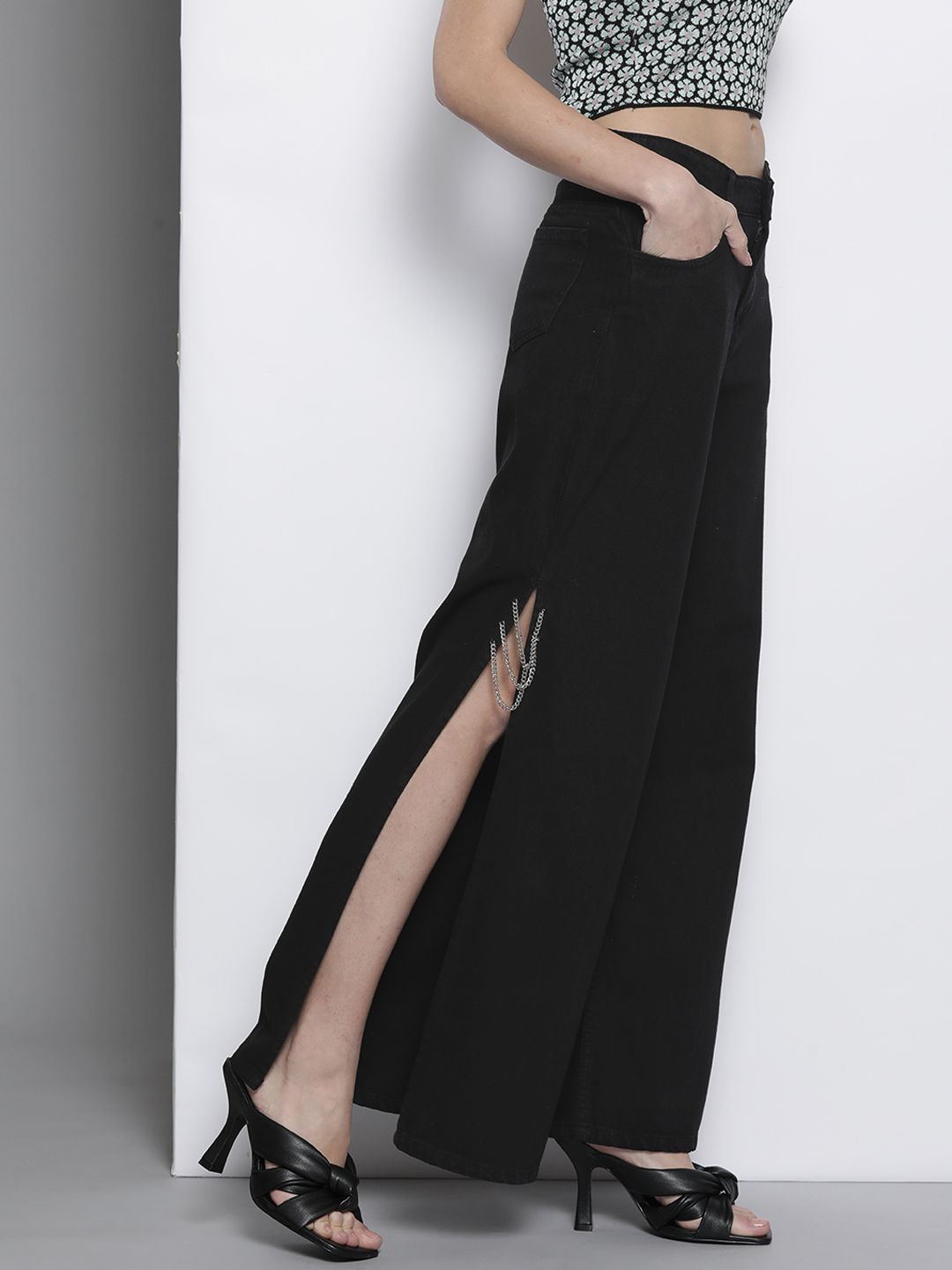 SASSAFRAS Women Black Flared High-Rise Cotton Chain Slit Jeans