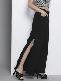 SASSAFRAS Women Black Flared High-Rise Cotton Chain Slit Jeans