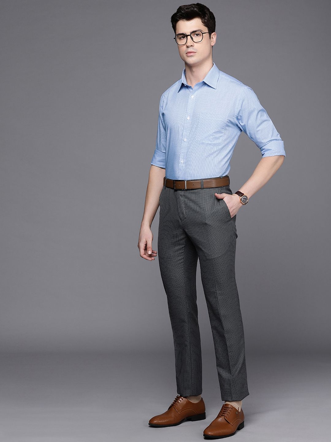 Raymond Men Pure Cotton Slim Fit Micro Checks Cutaway Collar Formal Shirt