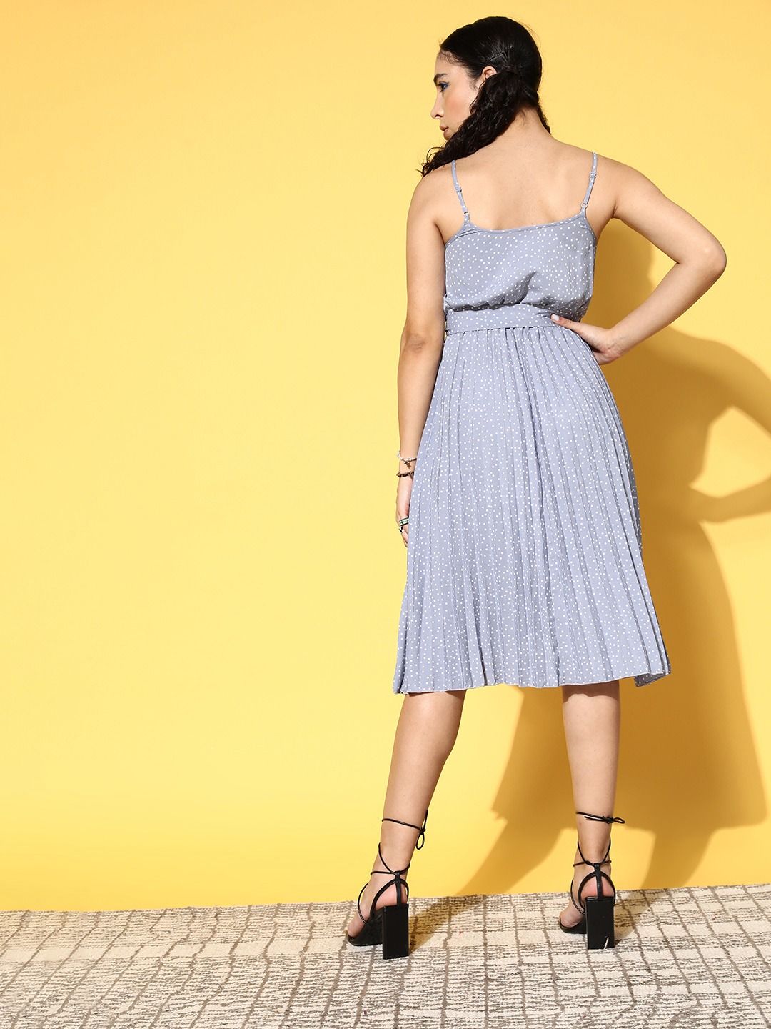 Berrylush Women Blue Polka Dotted Twist & Knot Dress