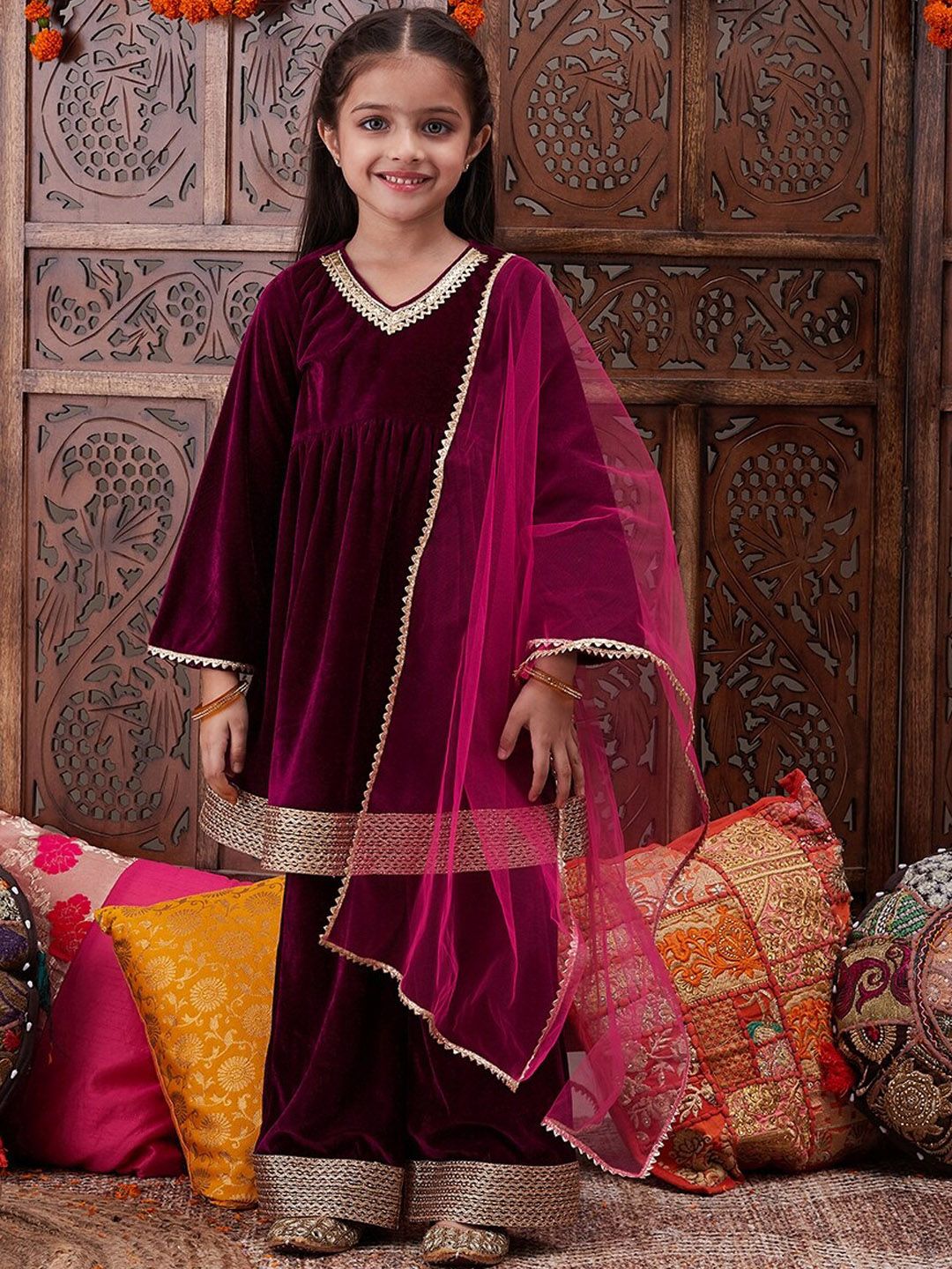 pspeaches Girls Gotta Patti Velvet Kurta With Palazzos & Dupatta