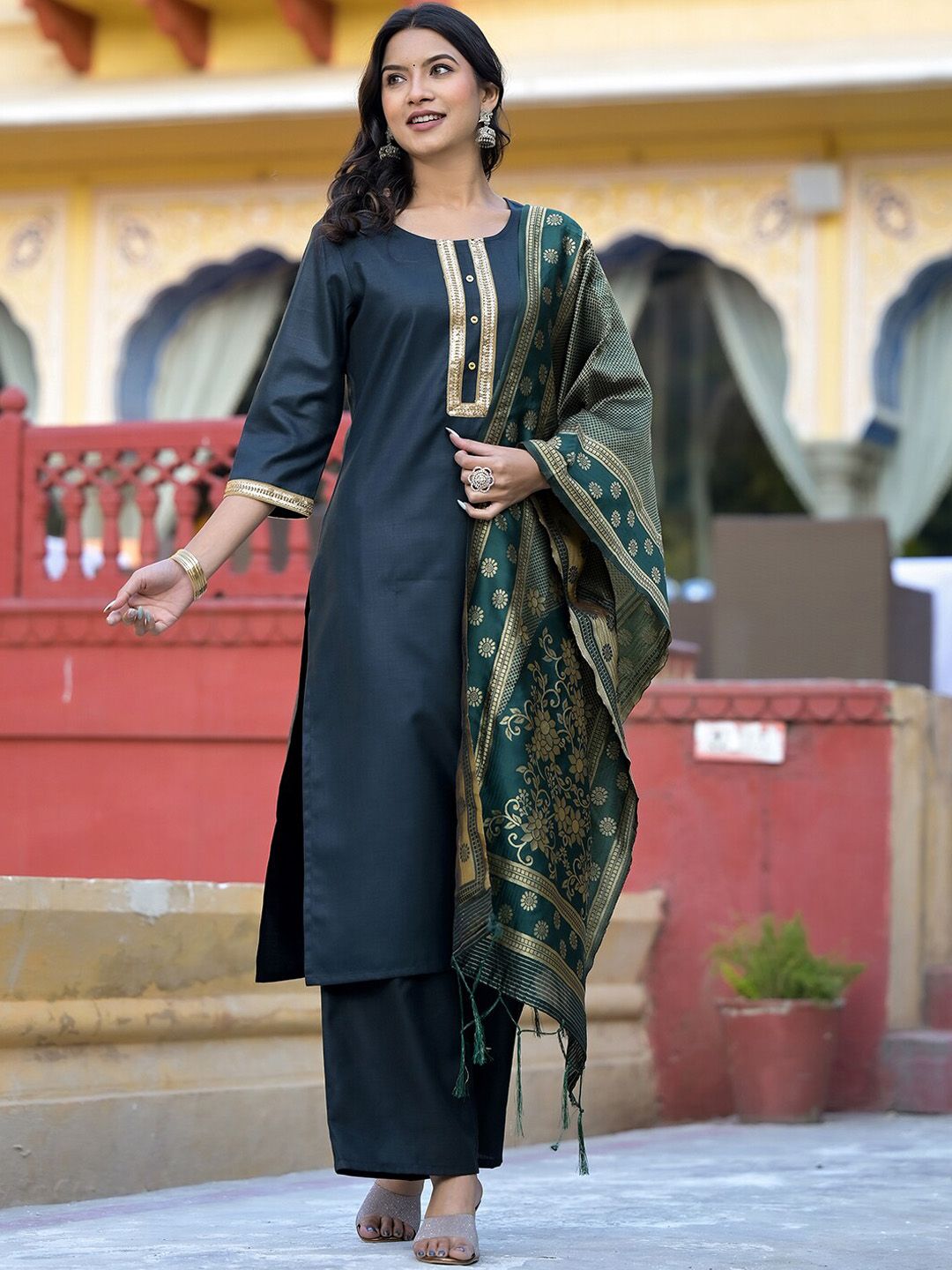 Vishudh Green Round Neck Embellished Straight Kurta & Palazzos With Dupatta