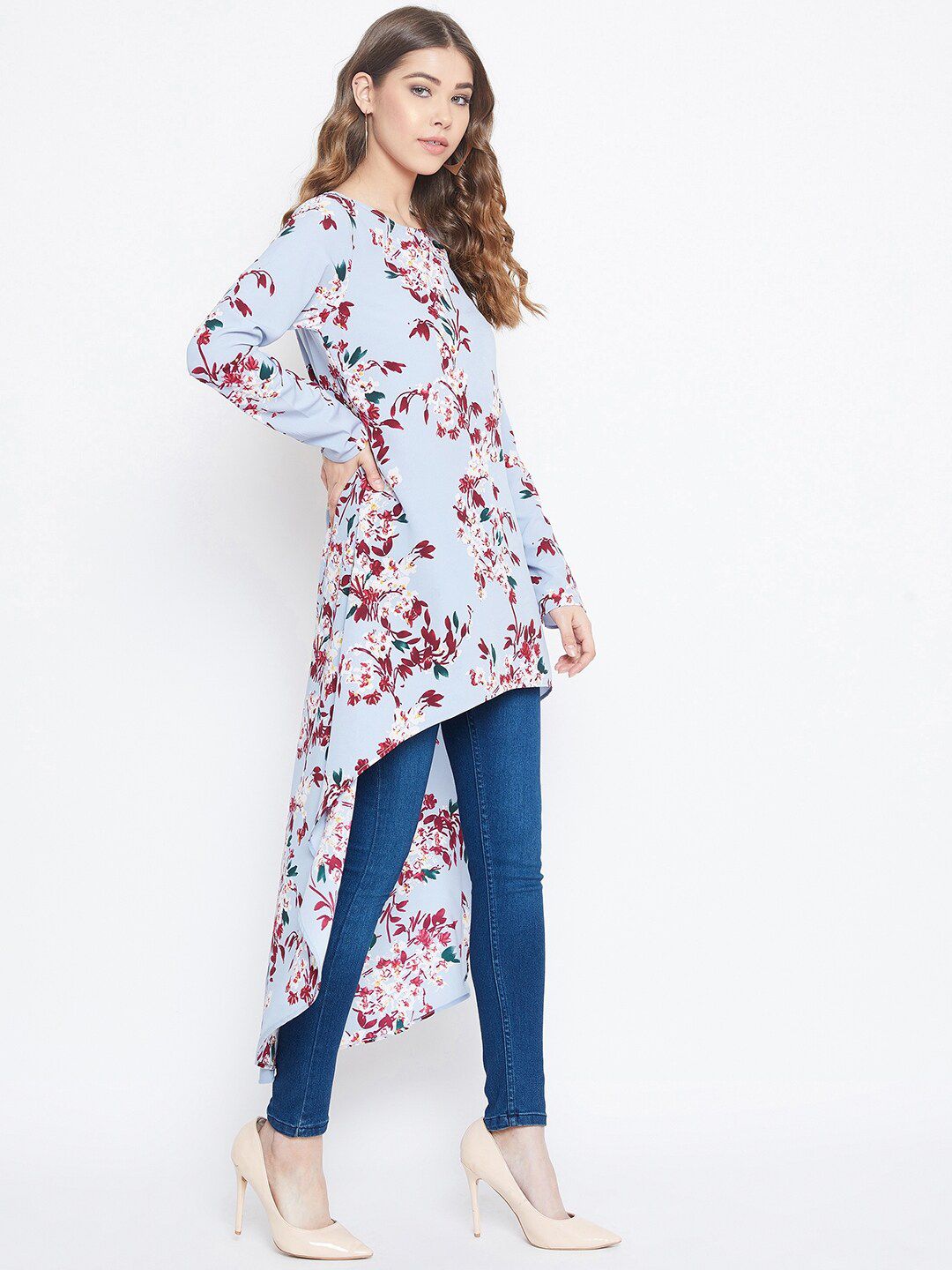 Berrylush Women Blue Printed High-Low Top