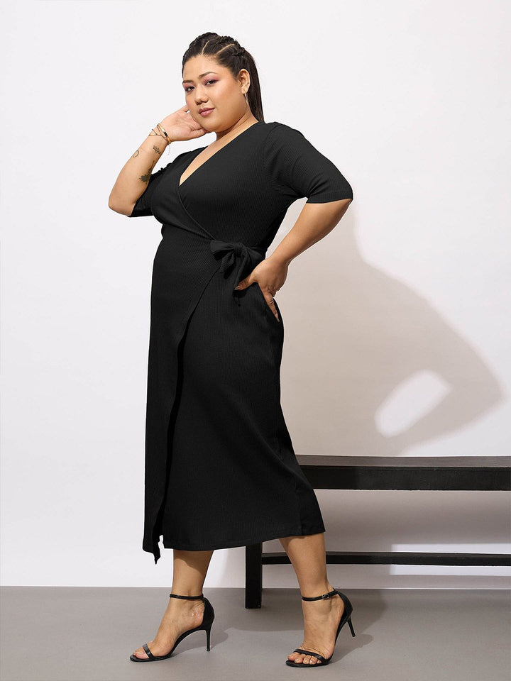 SASSAFRAS Curve Plus Size Wrap Bodycon Midi Dress