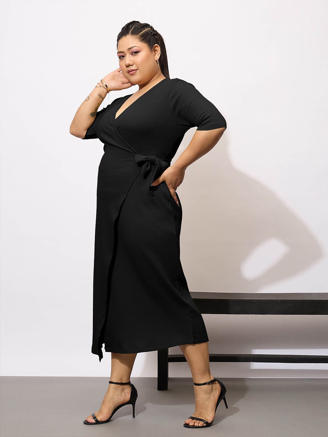 SASSAFRAS Curve Plus Size Wrap Bodycon Midi Dress