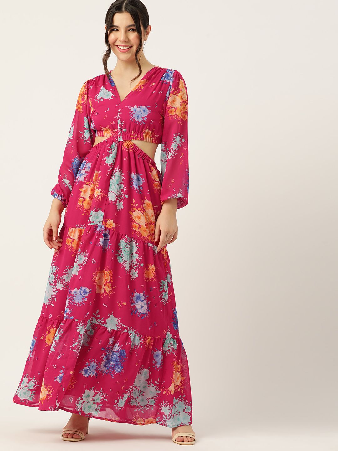 DressBerry Floral Print Cut-Outs Tiered Maxi Dress