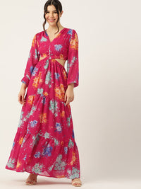 DressBerry Floral Print Cut-Outs Tiered Maxi Dress