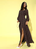 Berrylush Black & Red Floral Crepe Maxi Dress