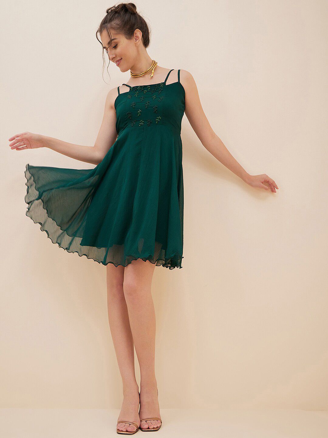 Antheaa Embellished Shoulder Straps Fit & Flare Above Knee Length Dress