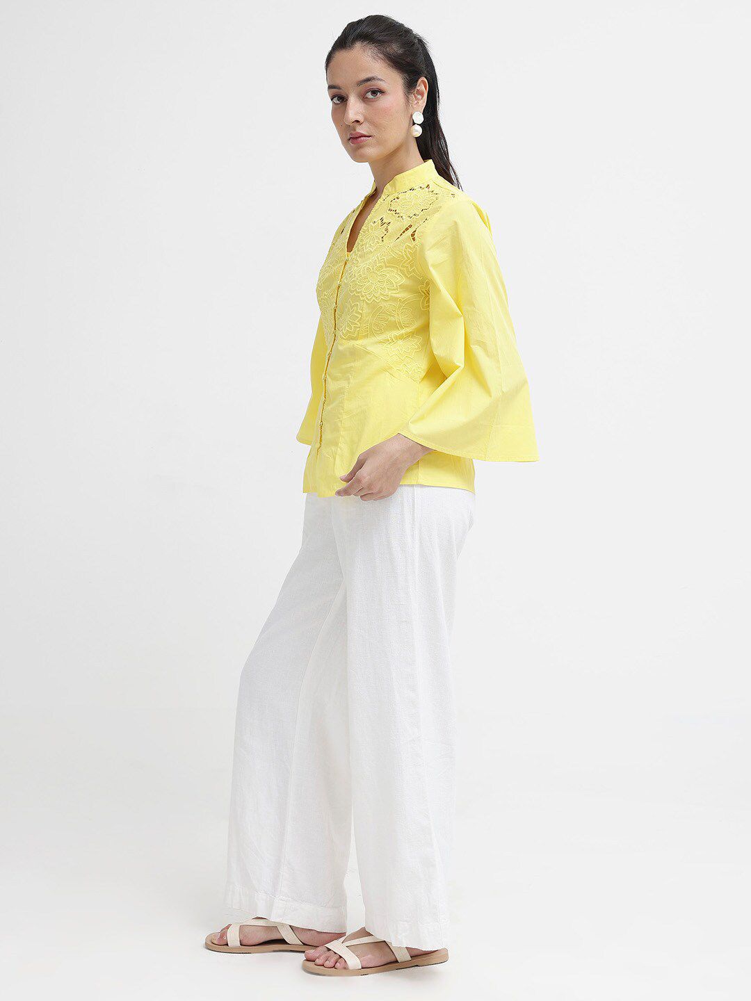 RAREISM Self Design Mandarin Collar Flared Sleeve Cotton Top