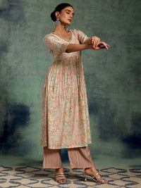 Libas Beige Floral Printed Gotta Patti Pleated A-Line Kurta with Palazzos