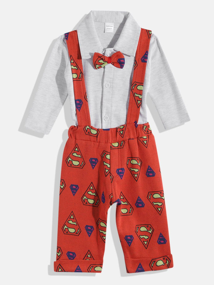Moms Love Infant Boys Pure Cotton Superman Printed Dungarees with Solid Bow Tie Shirt