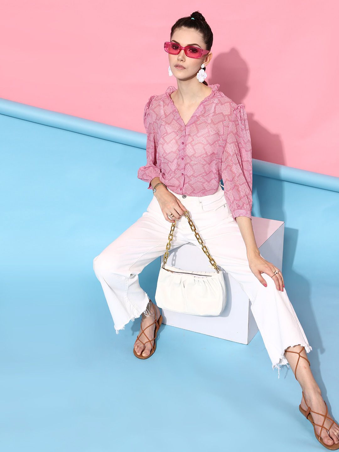 STREET 9 Women Pink Sheer Printed Casual Shirt