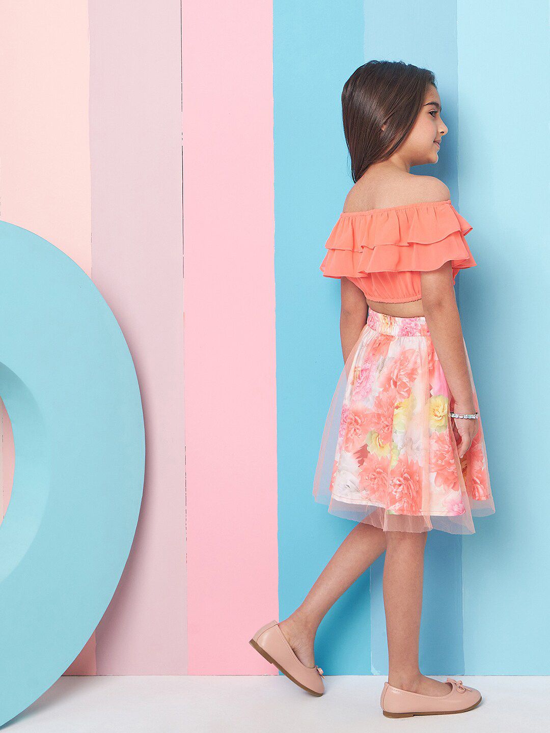 pspeaches Girls Floral Printed Off-Shoulder Top with Skirt