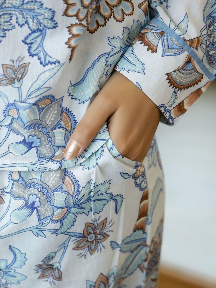 SANSKRUTIHOMES Women Grey & White Printed Pure Cotton Night suit