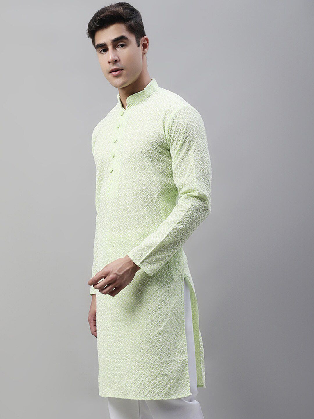 Jompers Geometric Chikankari Embroidered Pure Cotton Kurta
