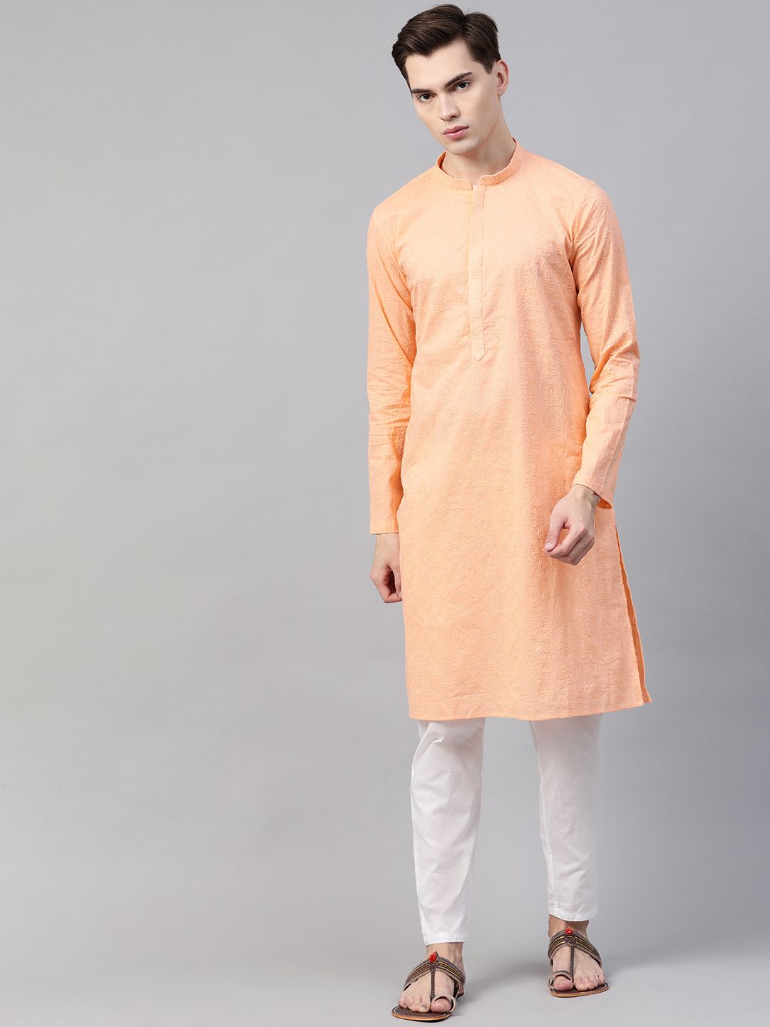 See Designs Men Peach-Colour Pure Cotton Chikankari Embroidered Straight Kurta