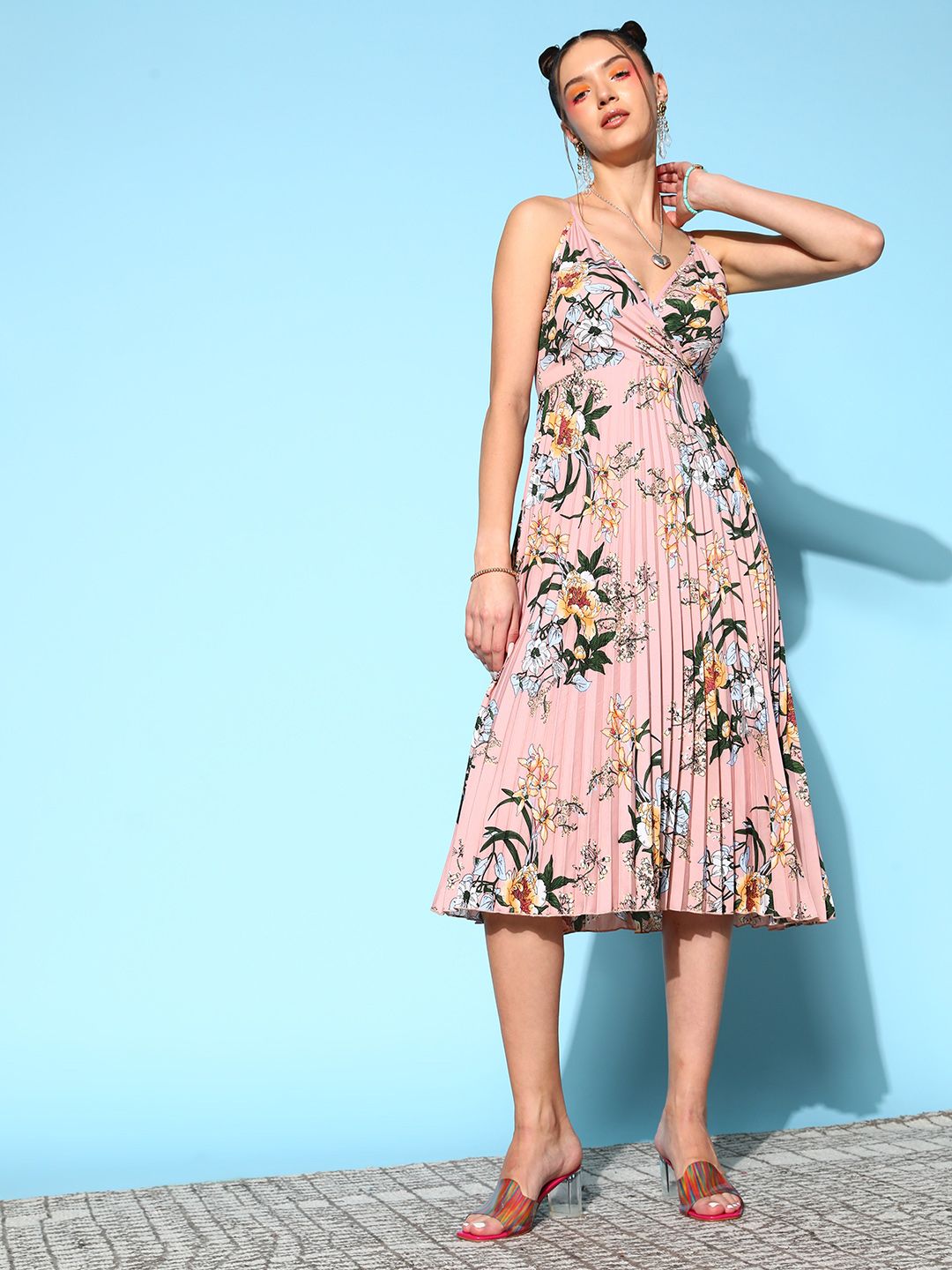 Berrylush Pink & Green Floral Crepe Midi Dress