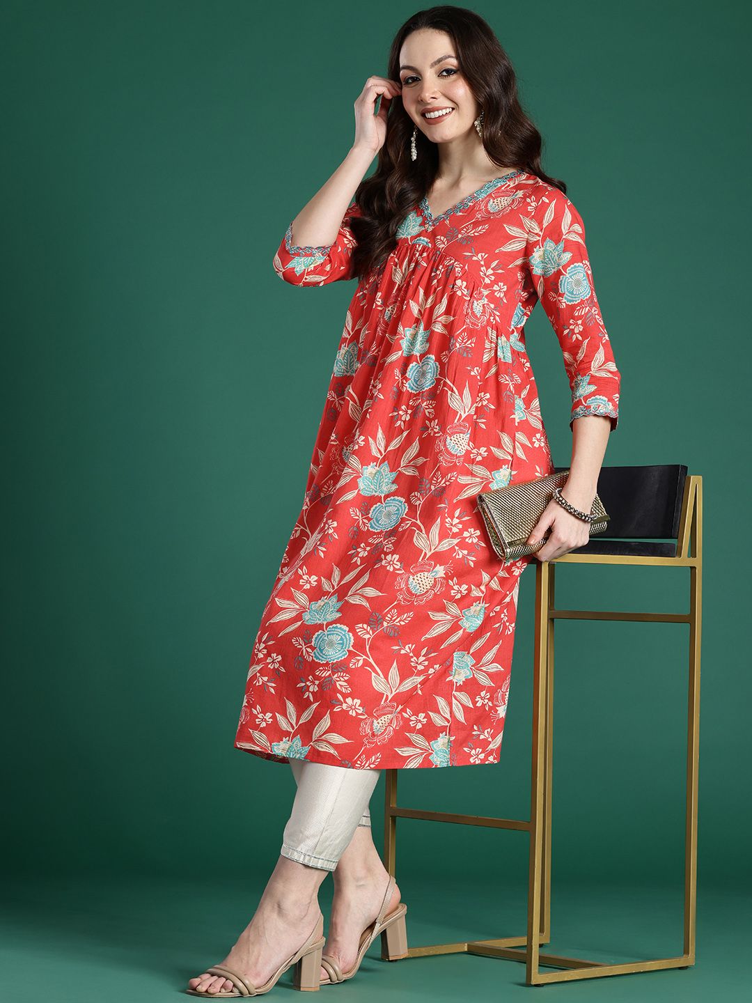 Indo Era Floral Printed Pure Cotton Kurta