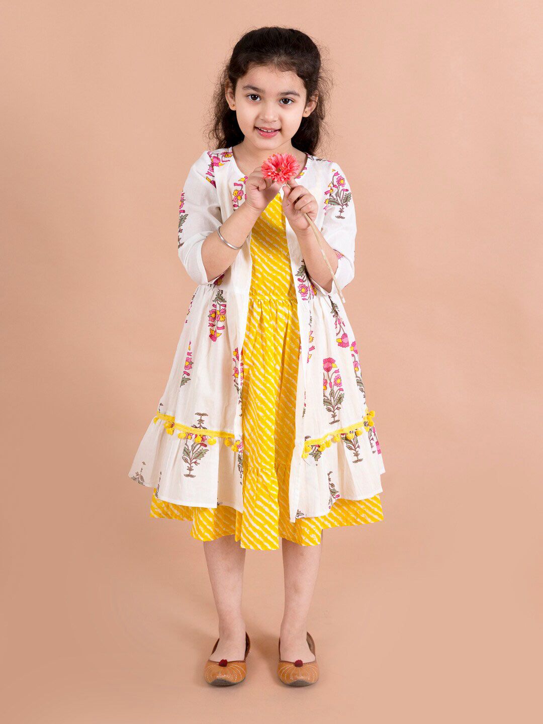 pspeaches Girls Yellow Striped Cotton Midi Dress With Printed Shrug