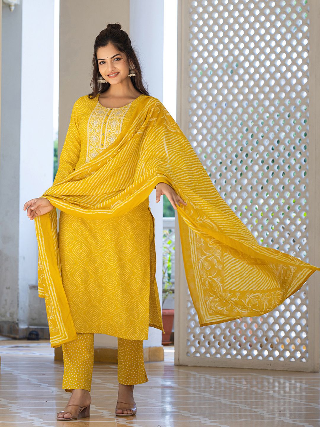 KALINI Bandhani Printed Regular Mirror Work Kurta With Trousers & Dupatta