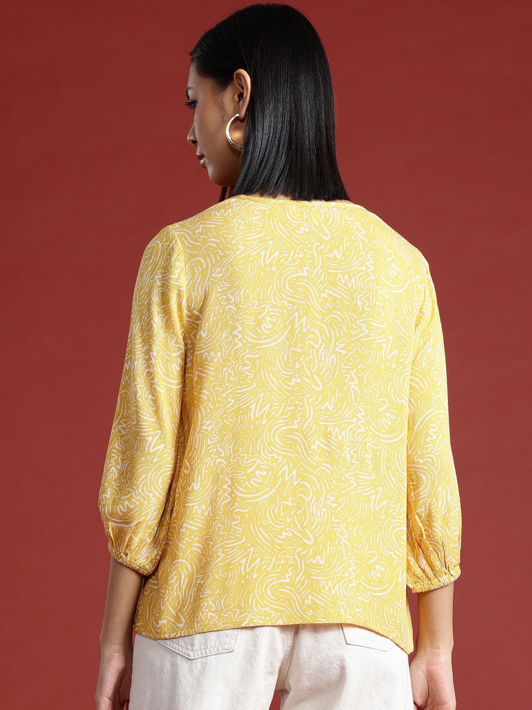 all about you Printed Tie-Up Neck Puff Sleeve Top