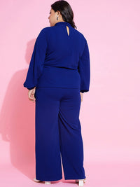 SASSAFRAS Curve Blue High Long Sleeves Neck Knot Top With Trousers