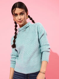 STREET 9 Women Turquoise Blue Striped Sweater