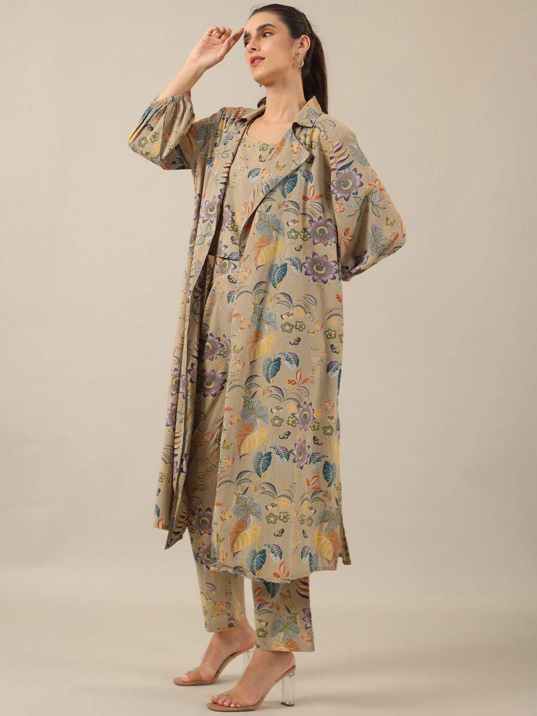 SANSKRUTIHOMES Beige Printed Pure Cotton Top With Trouser & Jacket