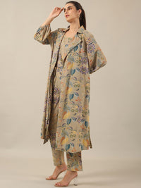 SANSKRUTIHOMES Beige Printed Pure Cotton Top With Trouser & Jacket