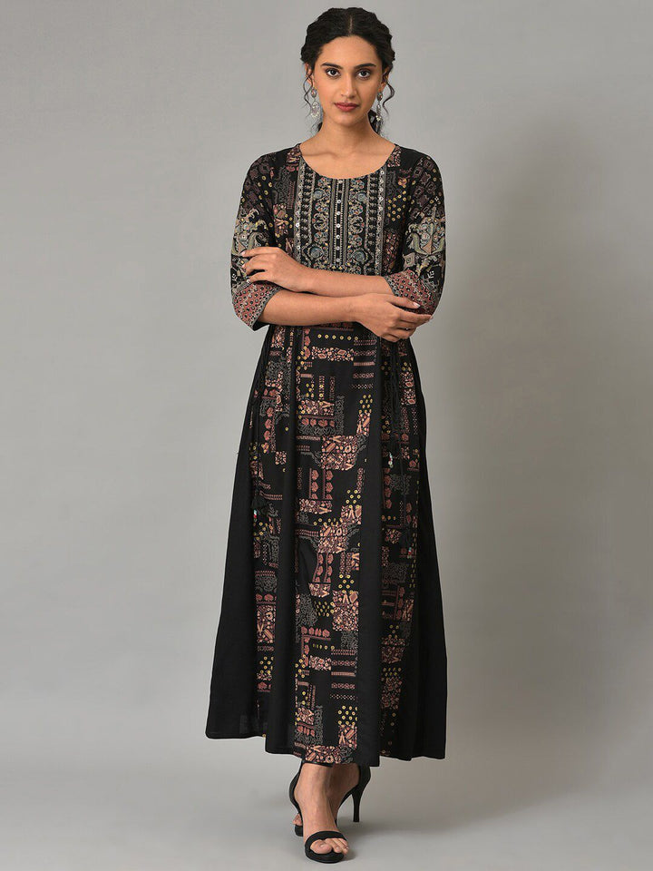 W Round Neck Ethnic Motifs Maxi Ethnic Dress