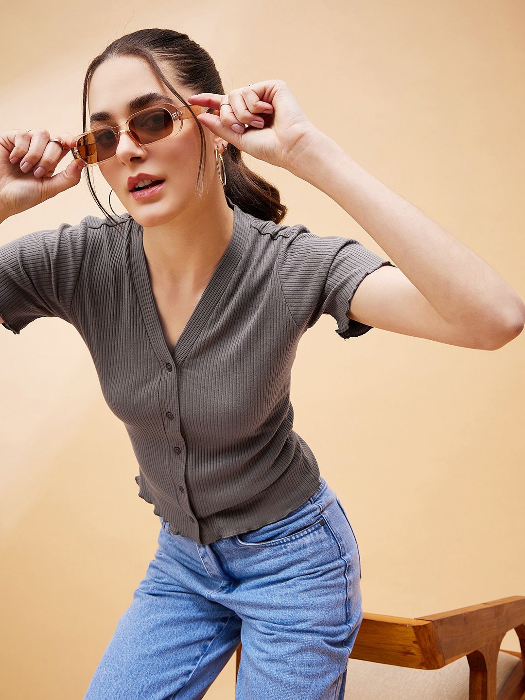 SASSAFRAS BASICS Short Sleeves Cotton Shirt Style Crop Top