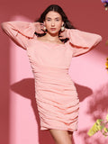STREET 9 Square Neck Puff Sleeves Gathered Georgette Sheath Dress