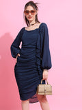 Tokyo Talkies Navy Blue Square Neck Long Puff Sleeves Ruffled Ruched Sheath Dress