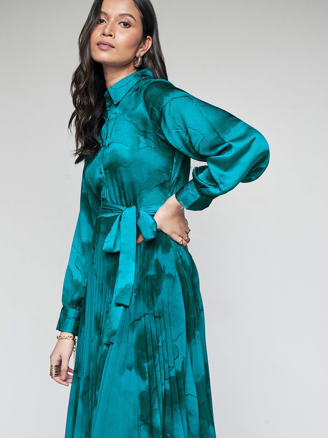 AND Tie & Dye Dyed Accordion Pleated Belted Shirt Dress