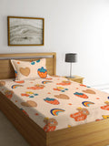 KLOTTHE Orange & Blue Cartoon Printed 300 TC Single Cotton Bedsheet With 1 Pillow Cover