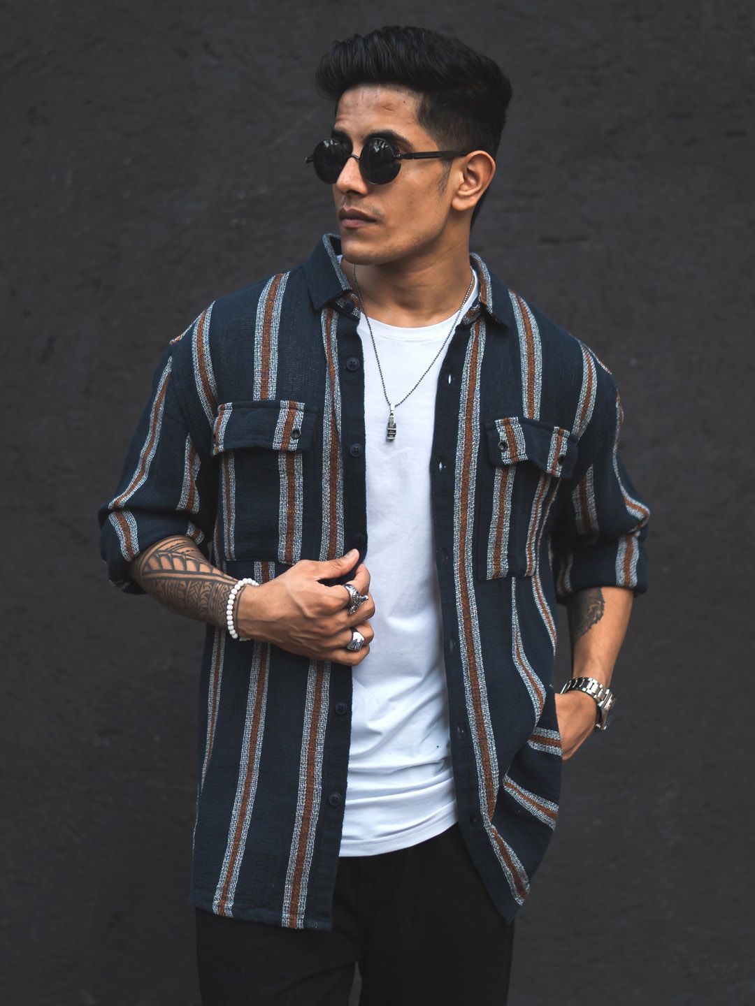 Powerlook Blue India Slim berjalur baju kasual